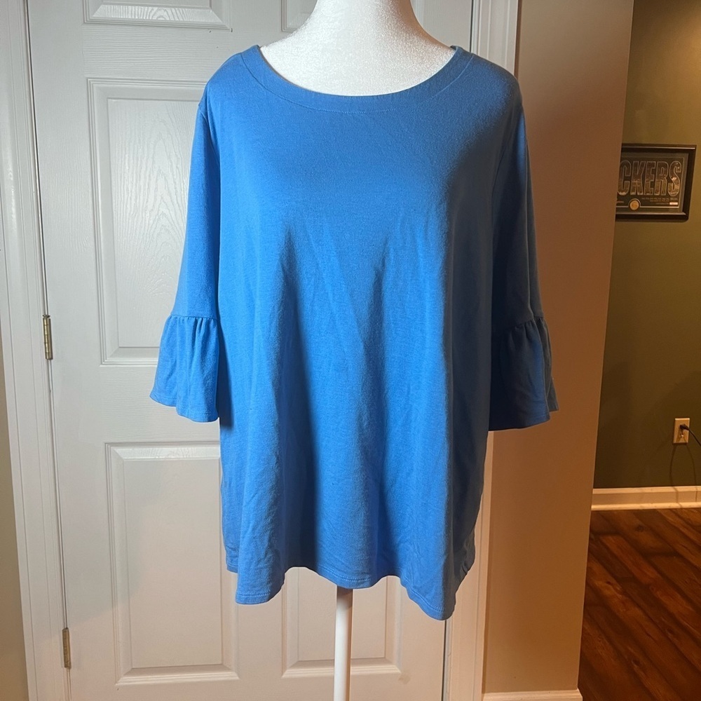 J Jill Top Shirt XL Solid Blue 3/4 Sleeve Ruffle Stretch Cotton Heavyweight